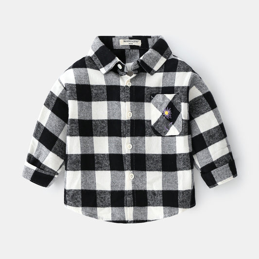 Boys new plaid car lapel long sleeve shirt