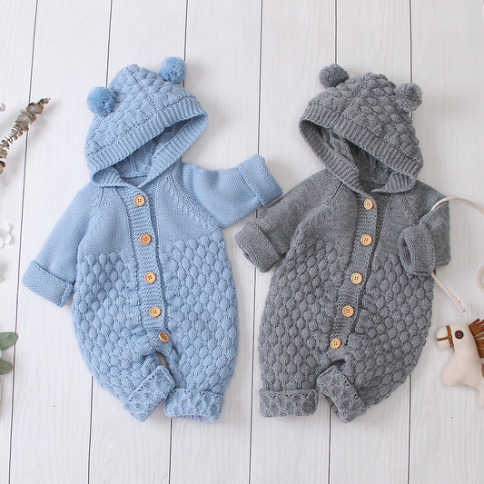 Baby knitted buttoned hooded Romper