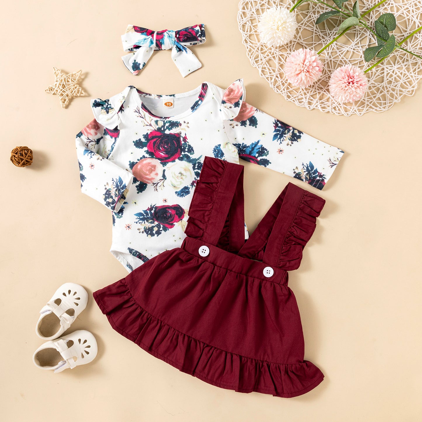 Ruffled Baby Girl Romper Set – 3 Piece