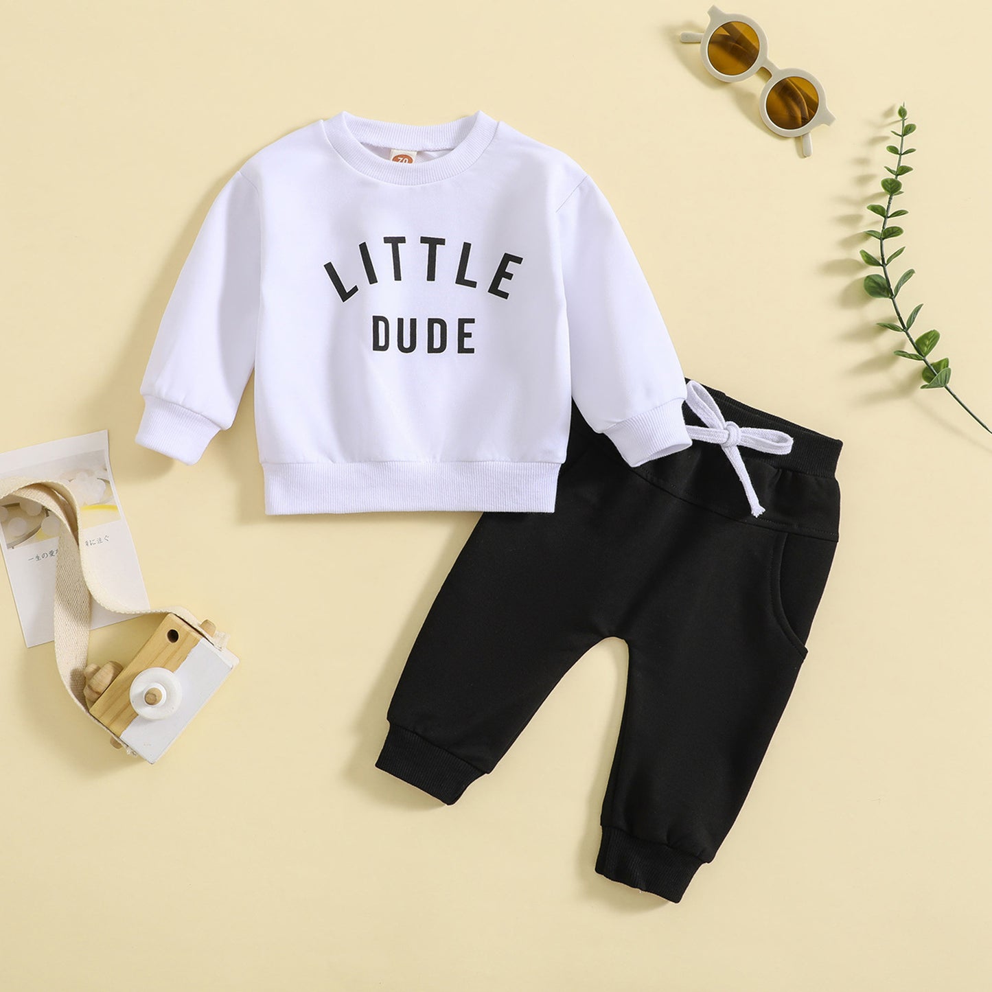 Children Round Neck Letter Print Top Solid Color Trousers