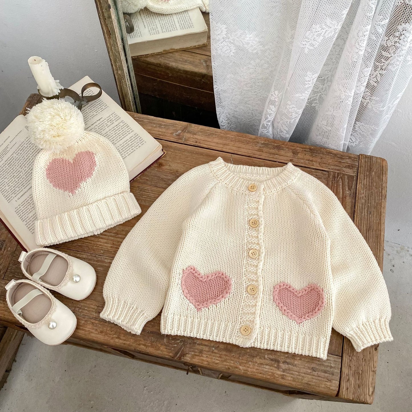 Fashionable Sweet Cardigan Hat Baby Love Kids Sweater Wear