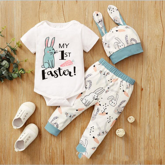 Easter Rabbit Print Baby Romper Set | 3-Piece Outfit (2 Colors)