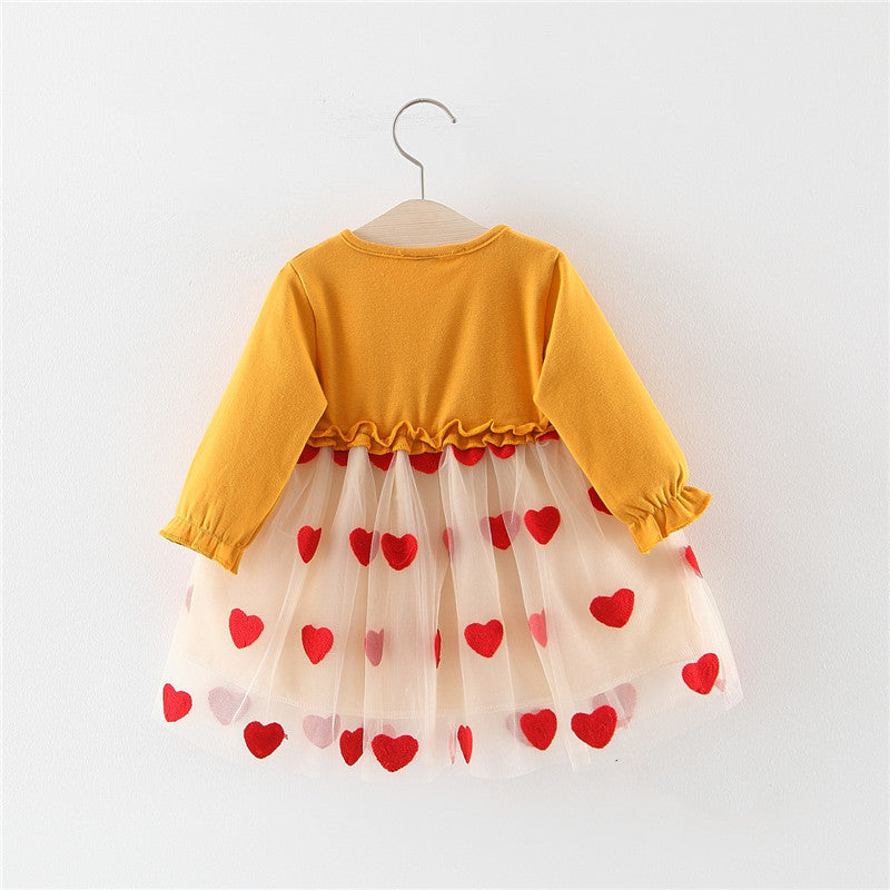 Robe en maille à coutures unies avec dentelle en forme de cœur, fausse robe longue à manches pour fille