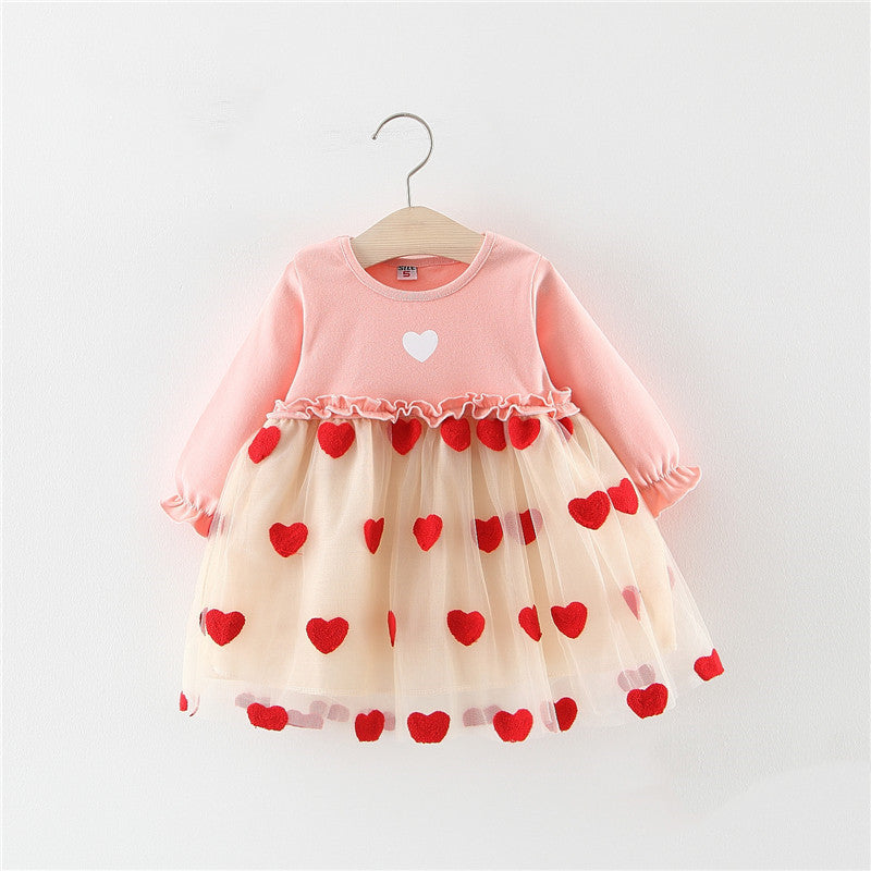 Robe en maille à coutures unies avec dentelle en forme de cœur, fausse robe longue à manches pour fille