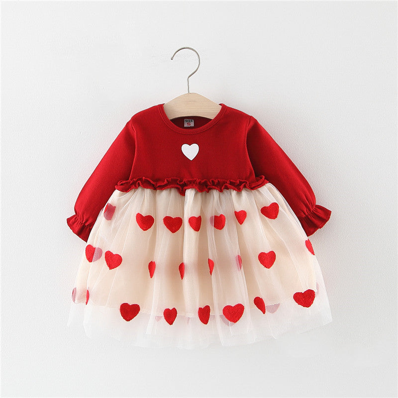 Robe en maille à coutures unies avec dentelle en forme de cœur, fausse robe longue à manches pour fille
