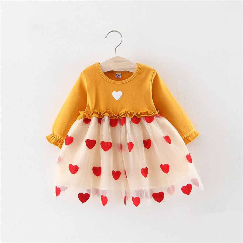 Robe en maille à coutures unies avec dentelle en forme de cœur, fausse robe longue à manches pour fille