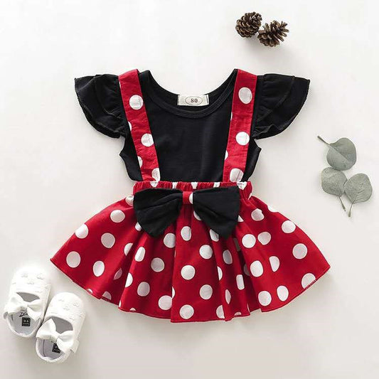 Girl's Summer Solid Color Fly Sleeve Polka Dot Skirt