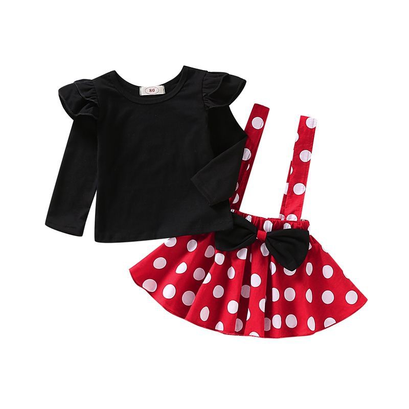 Girl's Summer Solid Color Fly Sleeve Polka Dot Skirt