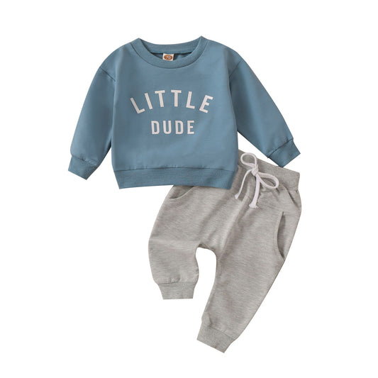 Children Round Neck Letter Print Top Solid Color Trousers