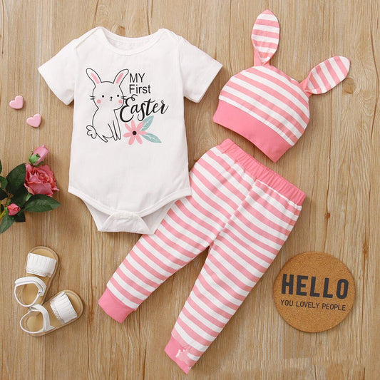 Easter Rabbit Print Baby Romper Set | 3-Piece Outfit (2 Colors)