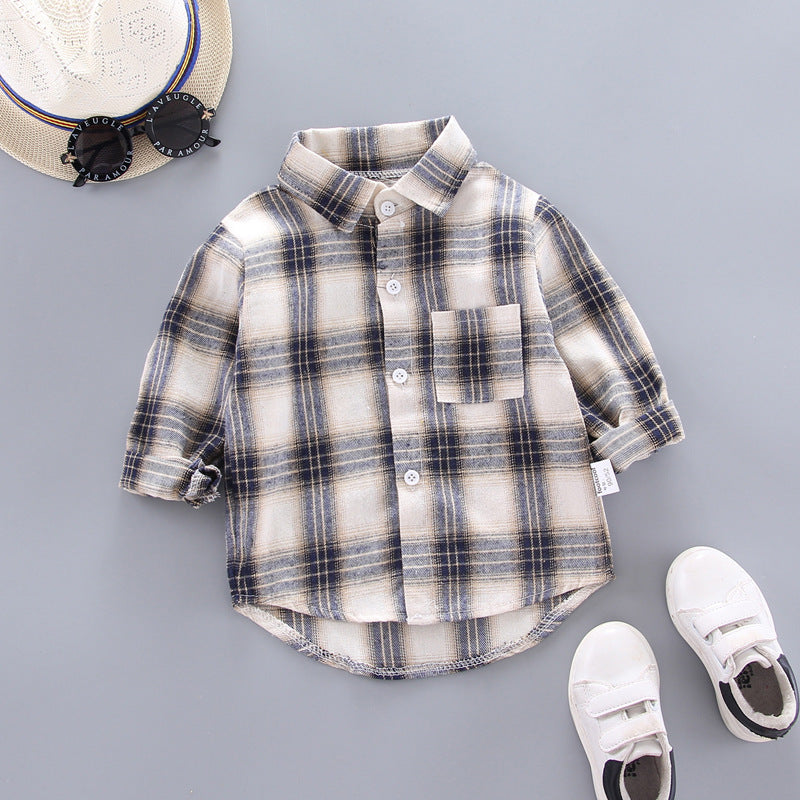 Chemises à carreaux garçons et filles style coréen ample à revers manches longues