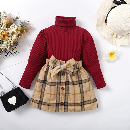 Autumn Solid Color Long-sleeved Top Plaid Skirt Two-piece Suit