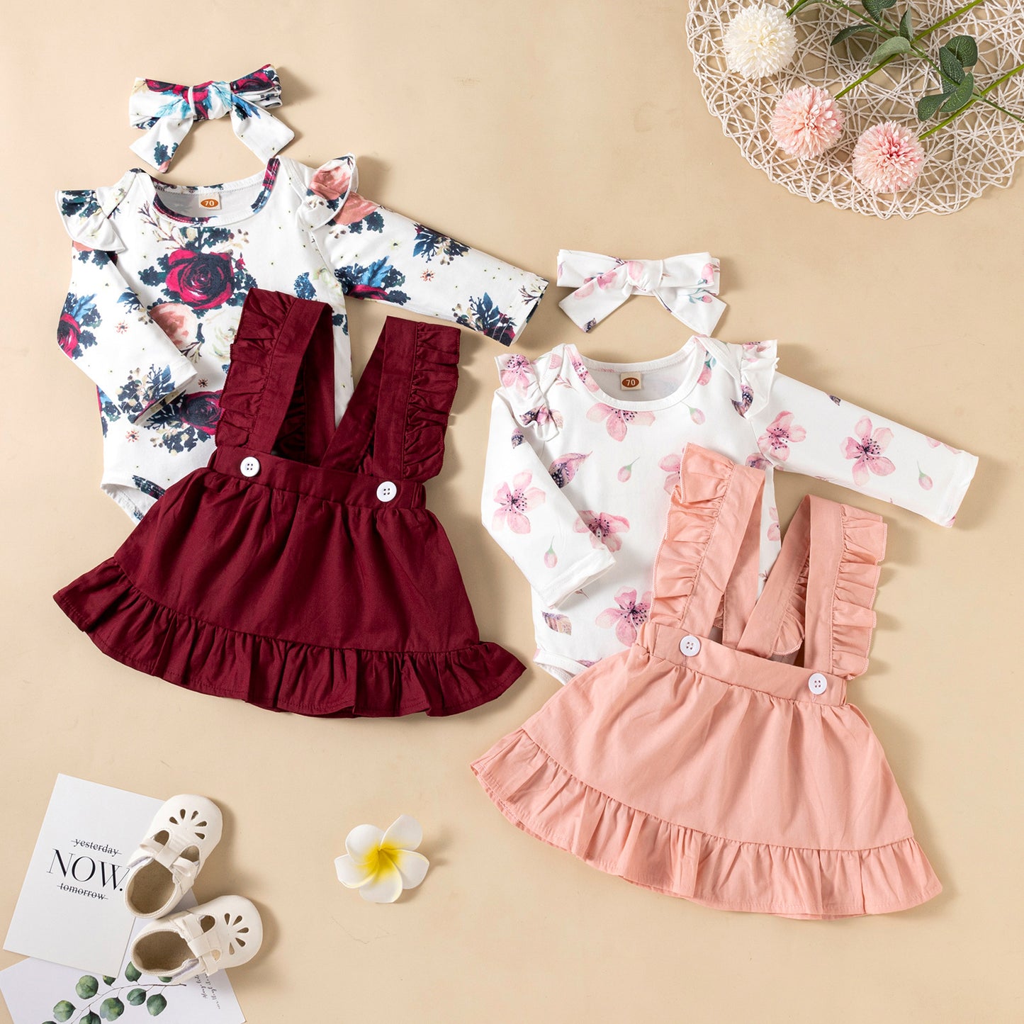 Ruffled Baby Girl Romper Set – 3 Piece