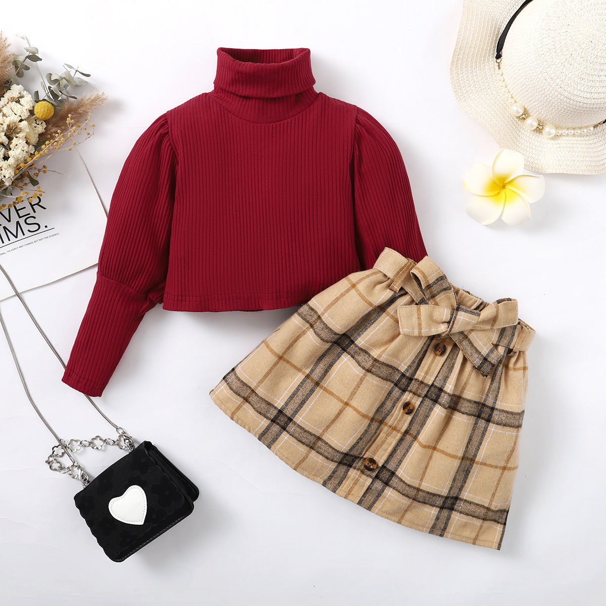 Autumn Solid Color Long-sleeved Top Plaid Skirt Two-piece Suit