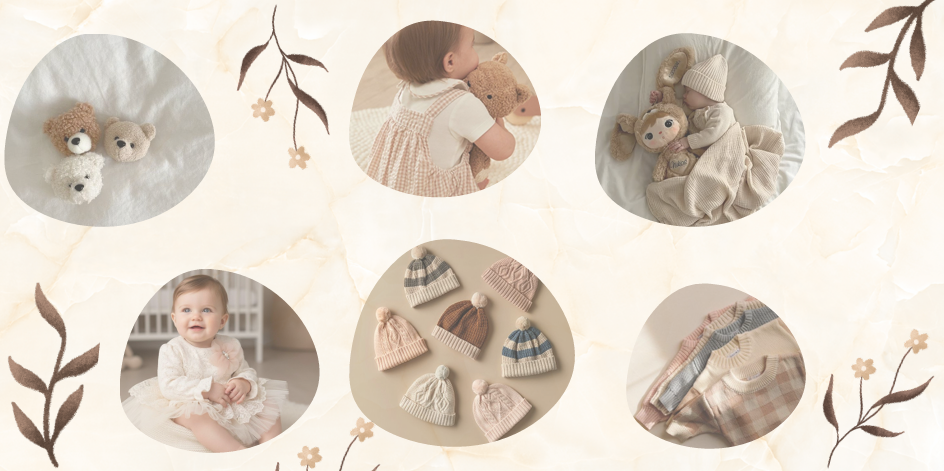 Collage of baby-themed items including dresses, hats, and teddy bears on a light background with floral elements.