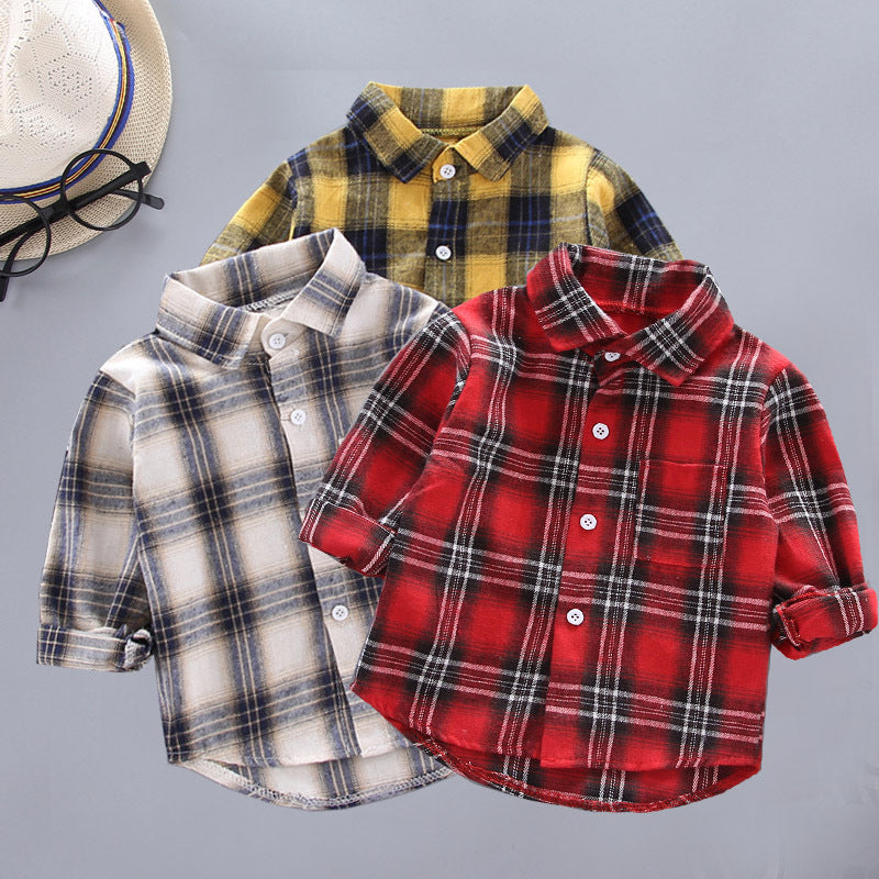Chemises à carreaux garçons et filles style coréen ample à revers manches longues