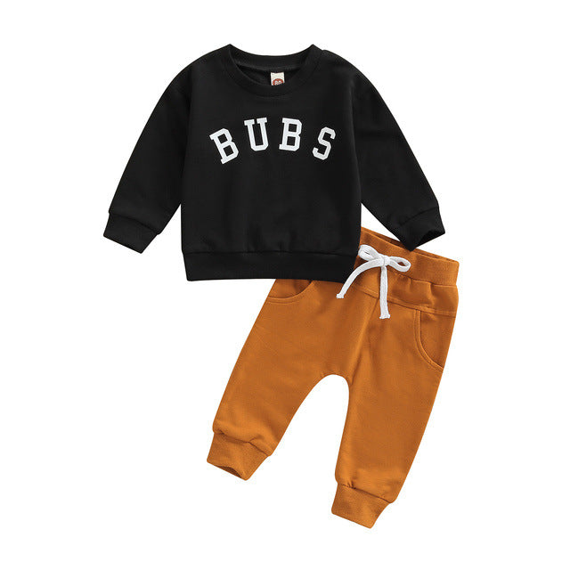 Children Round Neck Letter Print Top Solid Color Trousers