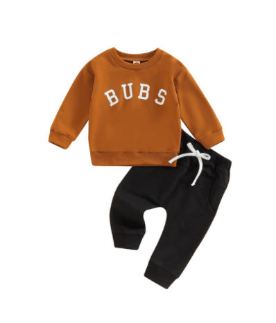 Children Round Neck Letter Print Top Solid Color Trousers