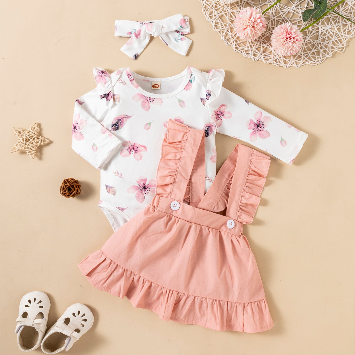 Ruffled Baby Girl Romper Set – 3 Piece